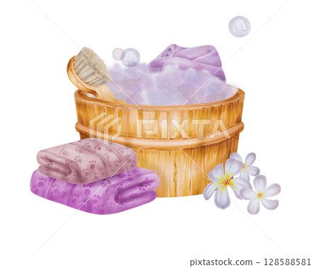 Watercolor illustration. Spa salon, bathhouse Bath with brush and towel. The towel is purple. There is a white towel in the bath. White background for cards, banners, invitations Watercolor illustration. Spa salon, bathhouse Bath with brush and towel. The towel is purple. There is a white towel in the bath. White background for cards, banners, invitations 128588581