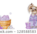 Watercolor illustration of a small Yorkshire terrier dog dressed in a bathrobe, next to a wooden bathroom with foam. There are towels with bath accessories. Illustration hand -drawn on a white backgro 128588583