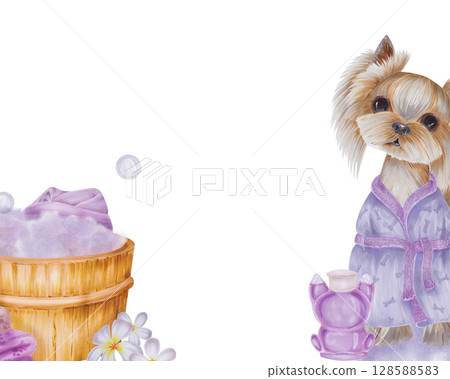 Watercolor illustration of a small Yorkshire terrier dog dressed in a bathrobe, next to a wooden bathroom with foam. There are towels with bath accessories. Illustration hand -drawn on a white backgro Watercolor illustration of a small Yorkshire terrier dog dressed in a bathrobe, next to a wooden bathroom with foam. There are towels with bath accessories. Illustration hand -drawn on a white backgro 128588583