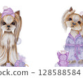 Watercolor Illustration of Two Dogs Small Dogs on Wooden Foam Bath Background . The dog on the right is dressed in a bathrobe, the dog on the left is in a bath turban, next to it there are towels, a w 128588584
