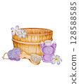 Watercolor illustration. Spa salon, bathhouse Bath with brush and towel. The towel is purple. There is a white towel in the bath. White background for cards, banners, invitations 128588585