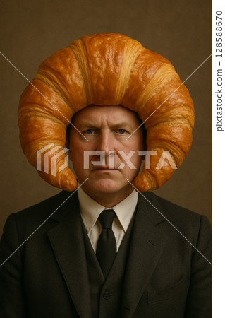頭戴羊角麵包的男子的獨特肖像 | 超現實且俏皮的肖像攝影 頭戴羊角麵包的男子的獨特肖像 | 超現實且俏皮的肖像攝影 128588670