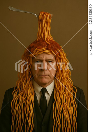 Unique and surreal portrait art of a middle-aged man in a suit with spaghetti piled up like hair, standing expressionless 128588680