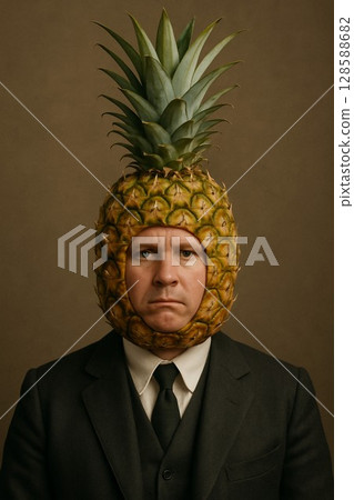 Humorous and surreal character concept art of a man in a suit with a pineapple-like head standing with a straight face 128588682