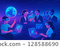 Futuristic virtual communication, with men and women engaged in business meetings and learning in a VR space, symbolizing the future society 128588690