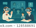Male and female students wearing VR goggles learning in a virtual space, with teachers and classmates reflected in a digital classroom, near-future learning 128588691