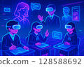 An illustration of a futuristic virtual class with students and teachers wearing VR goggles learning in a digital space 128588692
