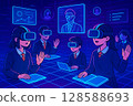 A futuristic virtual class in which students in uniforms wear VR goggles and actively participate in a virtual classroom 128588693
