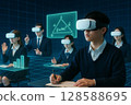 Image of a futuristic digital class with students in uniforms wearing VR goggles and learning mathematics in a virtual space 128588695