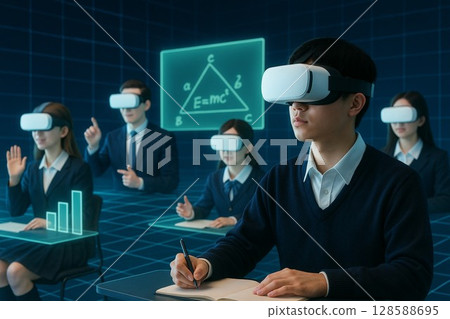 Image of a futuristic digital class with students in uniforms wearing VR goggles and learning mathematics in a virtual space 128588695
