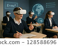 High school students wearing VR goggles learn science and geography in a virtual space in a futuristic digital classroom, a global learning experience 128588696