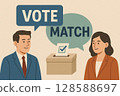 Illustration representing an election information service with a dialogue between a man and a woman on the theme of voting match and a ballot 128588697
