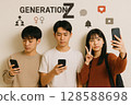 A scene from the modern lifestyle of young people of Generation Z who enjoy social media on smartphones, taking selfies and operating the screen. 128588698