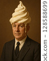Unique and satirical conceptual character art of a man in a suit standing silently with a soft serve ice cream on his head 128588699