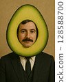 A unique and surreal concept art piece featuring a man in a suit peeking out from the cross-section of an avocado 128588700
