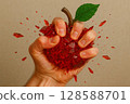 A striking and iconic conceptual image of a glassy red apple being crushed so hard that shards fly off 128588701