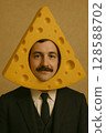 Humorous and satirical concept art featuring a smiling man in a suit wearing a cheese headgear 128588702