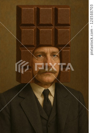 A satirical and humorous concept art of a man in a suit wearing a chocolate bar headgear and standing with a blank expression A satirical and humorous concept art of a man in a suit wearing a chocolate bar headgear and standing with a blank expression 128588703