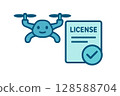 An illustration of a drone and a license certificate. A simple and easy-to-understand illustration showing the qualification and registration system. 128588704