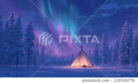 A winter night illuminated by the Northern Lights: Mystical Sámi tents and snowy forests 128588776