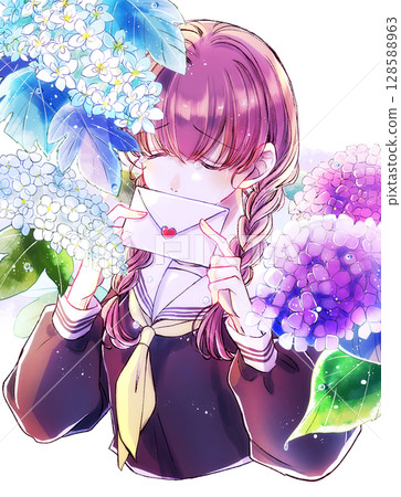 Sailor school girl with braids, tears, heartbreak, hydrangea Sailor school girl with braids, tears, heartbreak, hydrangea 128588963