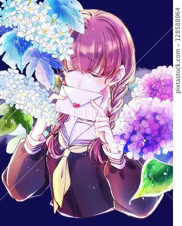 Sailor school girl with braids, tears, heartbreak, hydrangea 128588964