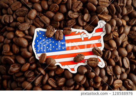 America flag on coffee beans, shopping online for export or import food product. America flag on coffee beans, shopping online for export or import food product. 128588976