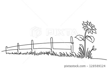 Sunflower blooming near fence. Summer countryside. Continuous one line drawing. Sunflower blooming near fence. Summer countryside. Continuous one line drawing. 128589124