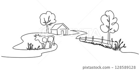 Village house with road fence and cow. Continuous one line drawing. Village house with road fence and cow. Continuous one line drawing. 128589128