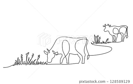 Cows on pasture. Continuous one line drawing. Cow milk farm concept in simple linear style. 128589129