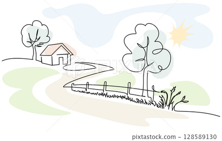 Rural landscape. Village with road and house. Wooden fence along the road. 128589130