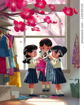 Three girls prepare for school, donning their uniforms near a blossoming plum tree. 128589185