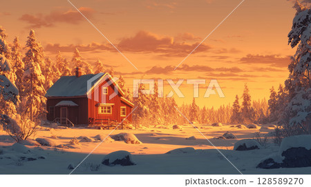 Finnish Lapland: Red cottages in a golden winter landscape 128589270