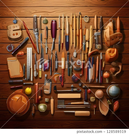 set of tools on wooden background 128589319
