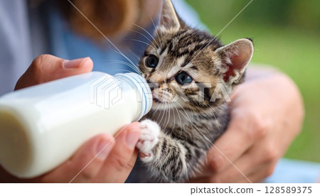 Kitten drinking milk from a bottle 128589375