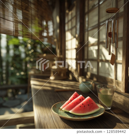 夏日午後，在門廊上享用西瓜和冷飲 128589442