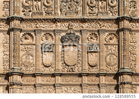 Detailed carvings and royal coats of arms on the facade of the Universidad de Salamanca in Spain Detailed carvings and royal coats of arms on the facade of the Universidad de Salamanca in Spain 128589555