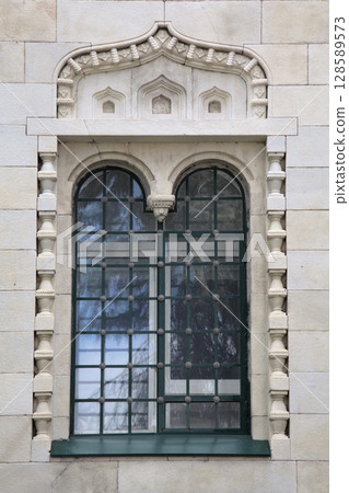 Architectural details of a decorative window in Nizhny Novgorod, Russia showcasing regional style 128589573