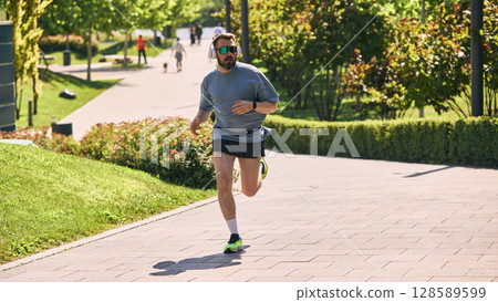 Man in headphones and sunglasses jogging through sunny park Man in headphones and sunglasses jogging through sunny park 128589599