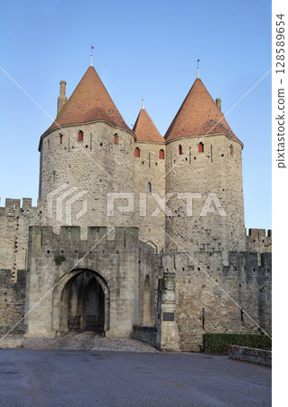 Medieval towers at Carcassonne Castle, France Medieval towers at Carcassonne Castle, France 128589654