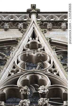 Intricate stonework of a historic building in Carcassonne, France Intricate stonework of a historic building in Carcassonne, France 128589666
