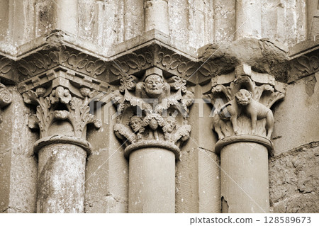 Intricate stone carvings of columns in Carcassonne, France Intricate stone carvings of columns in Carcassonne, France 128589673