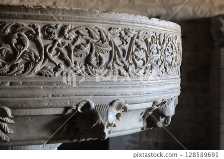 Intricate stone carvings found in historic Carcassonne, France 128589691