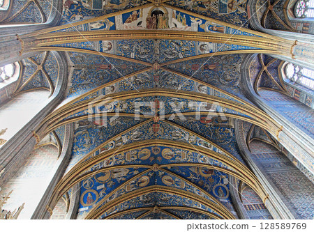 Vibrant blue gothic ceiling of Sainte-Secile cathedral in Albi, France Vibrant blue gothic ceiling of Sainte-Secile cathedral in Albi, France 128589769