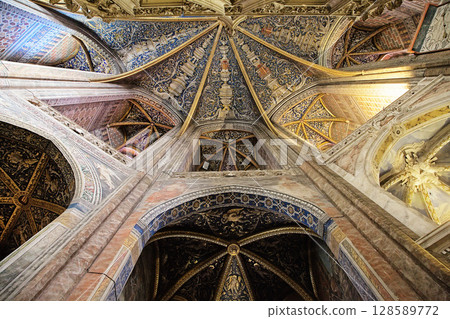 View of the ornate ceiling in Sainte-Secile Cathedral, Albi, France showcasing intricate designs and colors 128589772