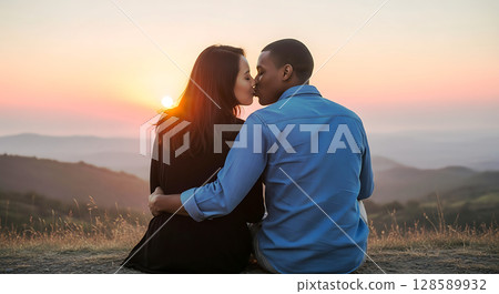 A couple shares a romantic sunset kiss on a hillside with panoramic views of rolling hills. The setting sun creates a serene gradient sky, adding warmth to the intimate moment 128589932