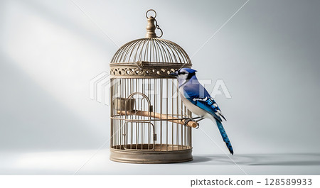 Elegant metal birdcage with intricate design housing a small wooden perch inside; a vibrant blue jay with striking blue and white feathers perched outside the cage entrance 128589933
