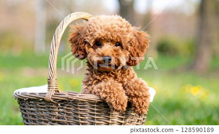 籃子裡的圓眼睛玩具貴賓犬 128590189