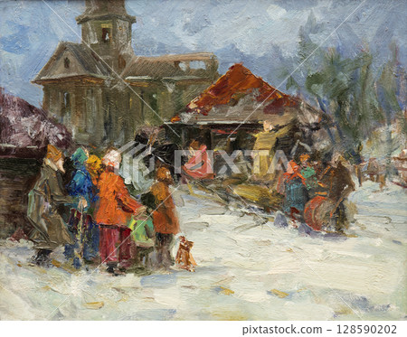 landscape, picture of nature, oil painting, handmade drawing 128590202