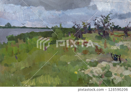 landscape, picture of nature, oil painting, handmade drawing 128590206